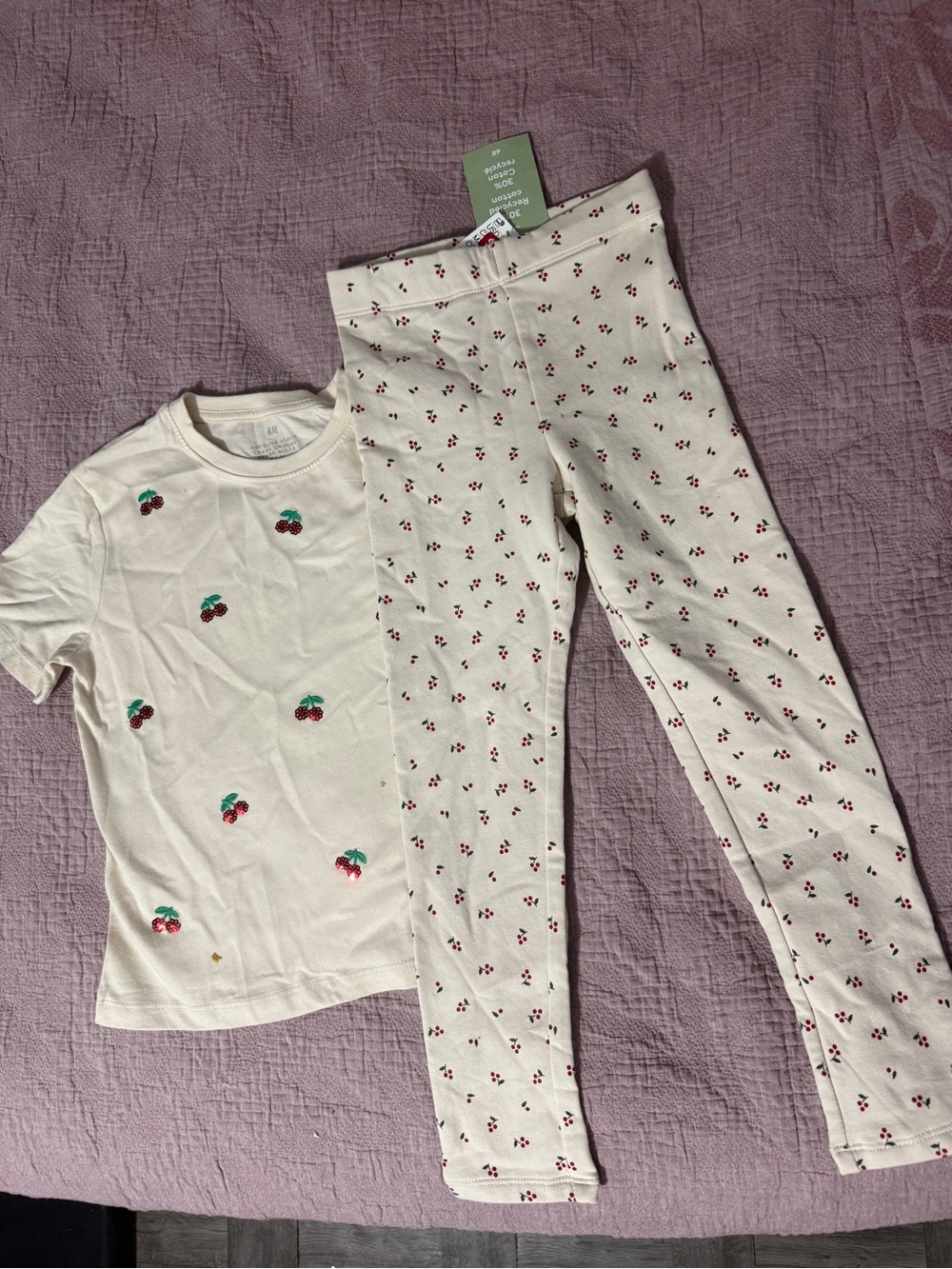 H&M Cream Cherry Pajama Set with Red Cherries and Green Leaves